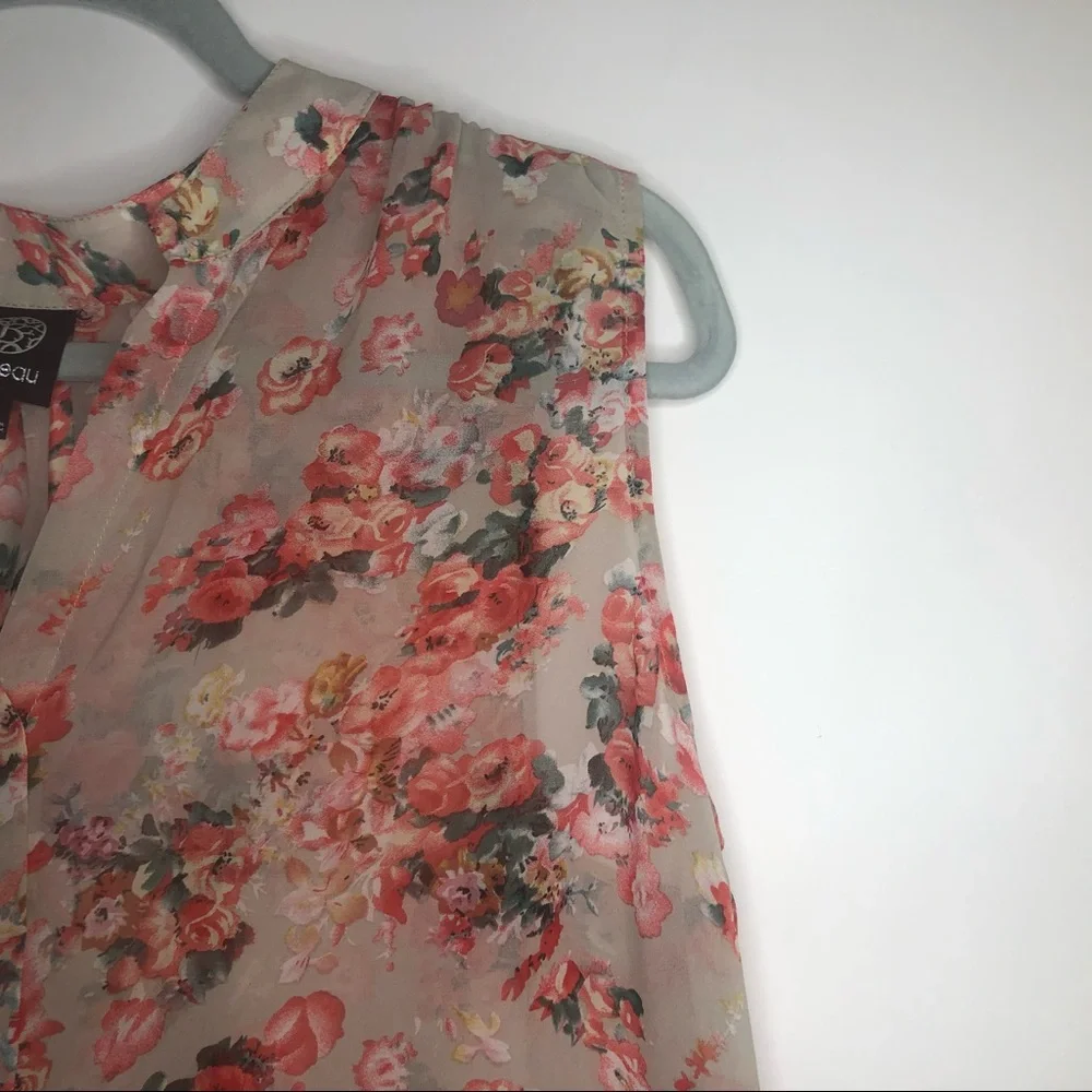 BOBEAU sheer sleeveless blouse pink floral roses L - Picture 9 of 9